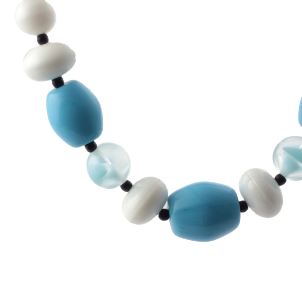 Vintage Czech necklace chunky white blue satin bicolor glass beads