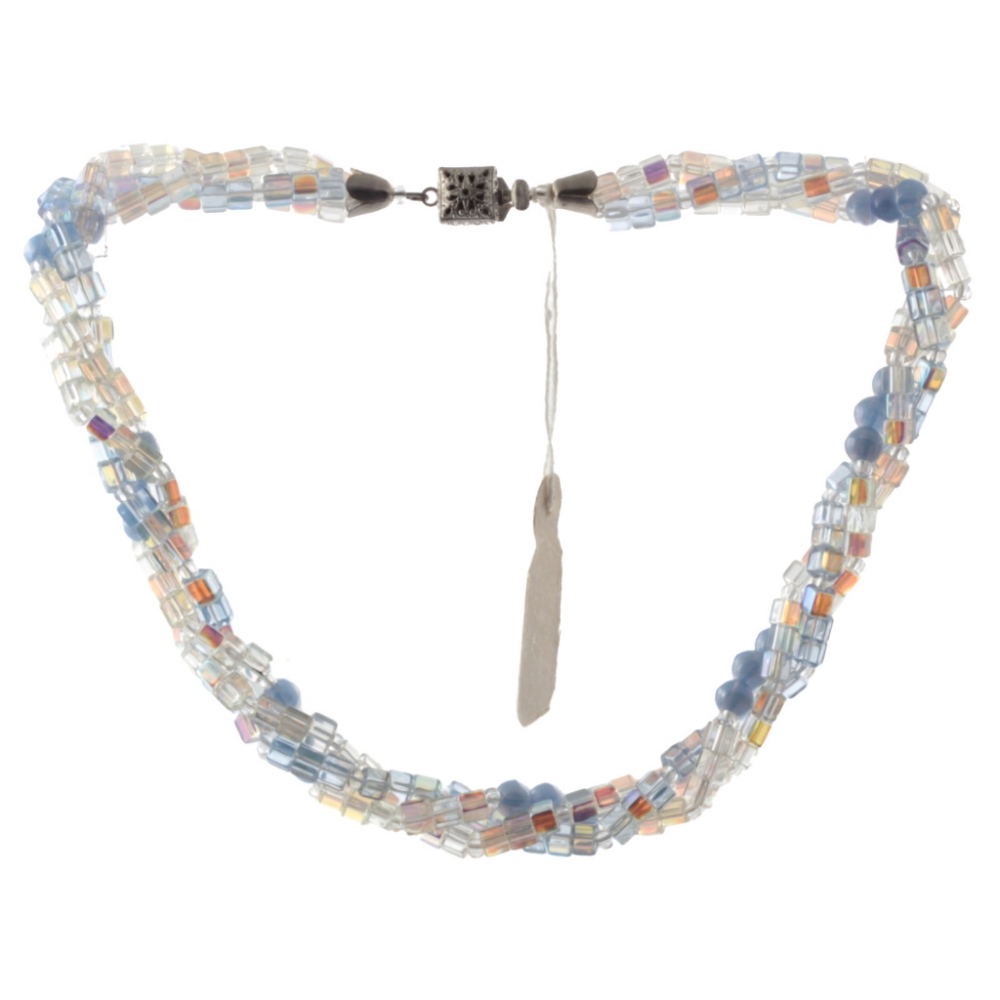 Vintage Czech 3 strand necklace AB clear pentagon blue lustre glass beads
