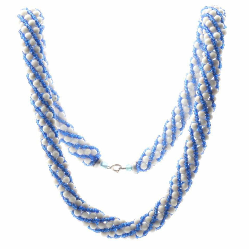 Vintage Czech knitted twist necklace white round sapphire blue seed glass beads