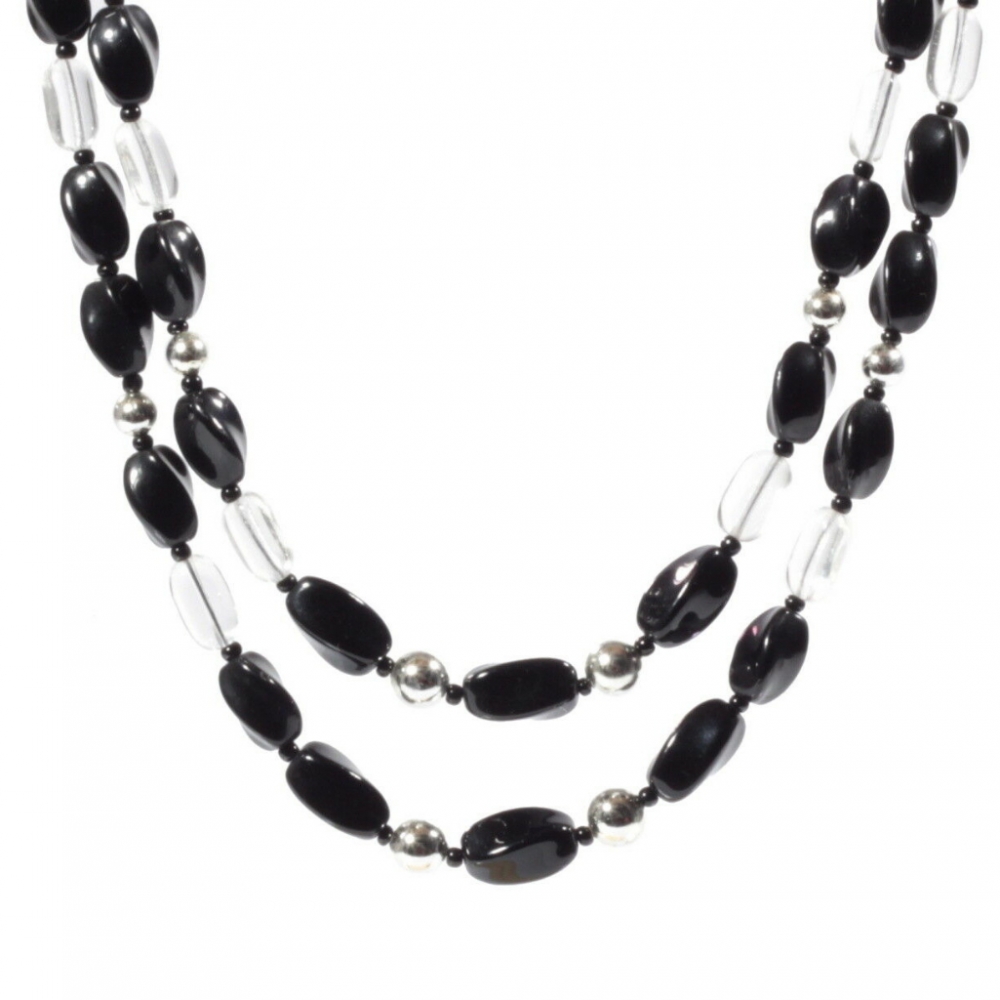 Vintage 2 strand necklace Czech clear oval black round twist oval glass beads