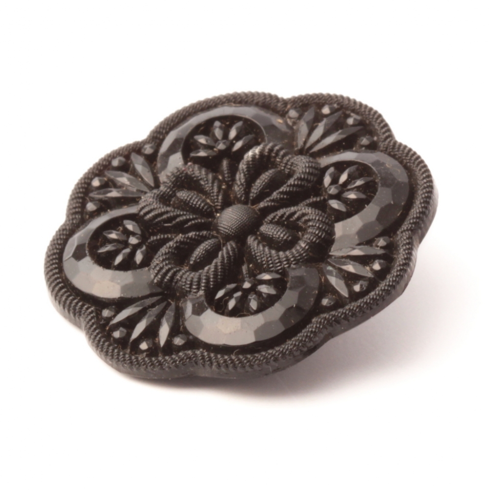 Large Antique Victorian Czech black 4 leaf clover flower faux rhinestone glass button 32mm