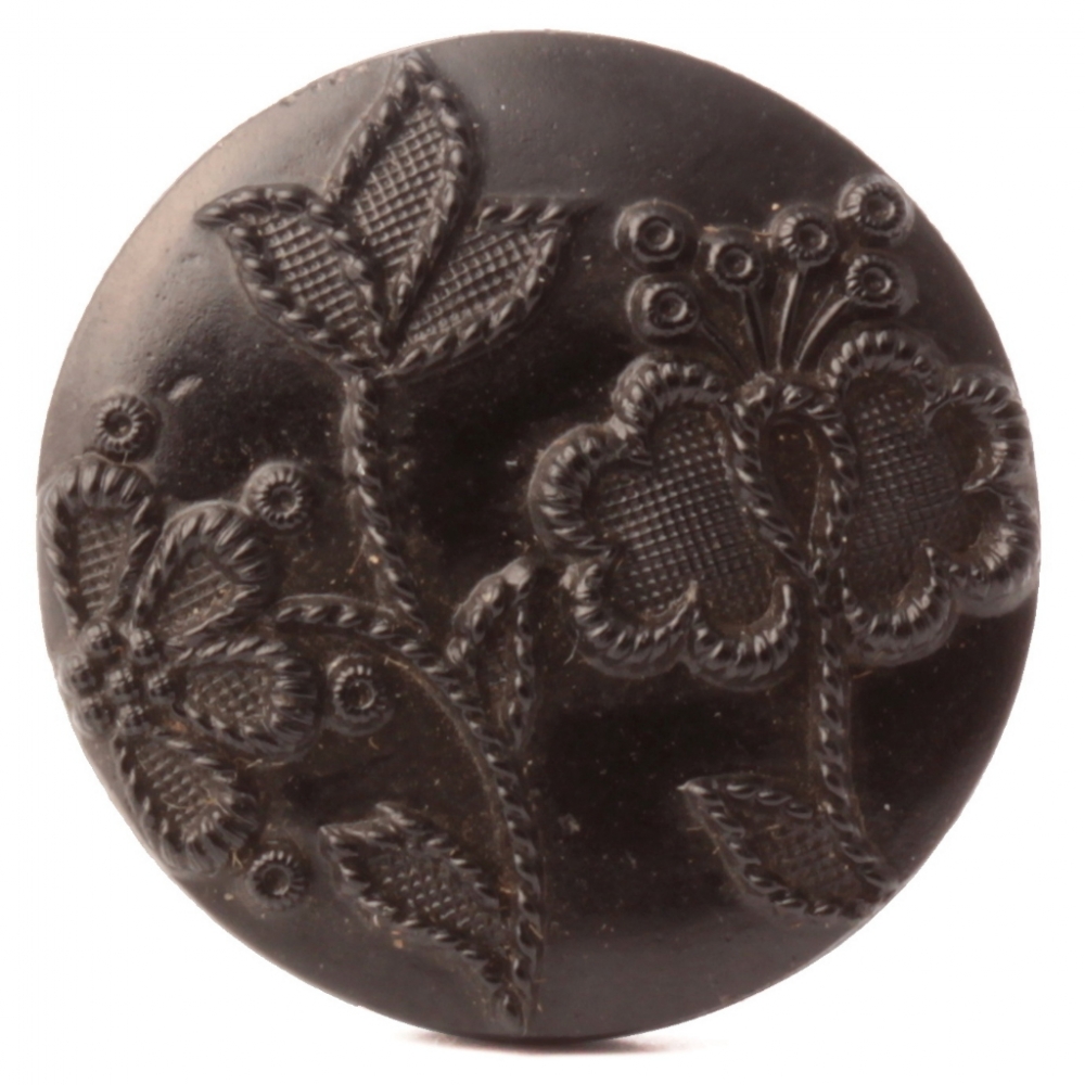 Antique Victorian Czech flower garden black glass button 23mm