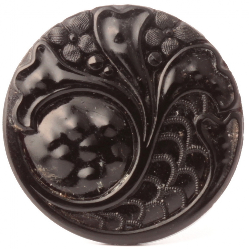 Antique Victorian Czech gloss black flower glass button 27mm