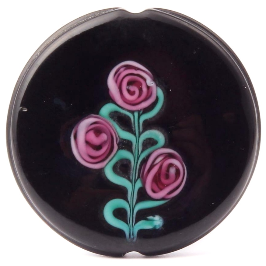 Large 42mm Vintage Czech lampwork pink satin floral flat round black glass bead