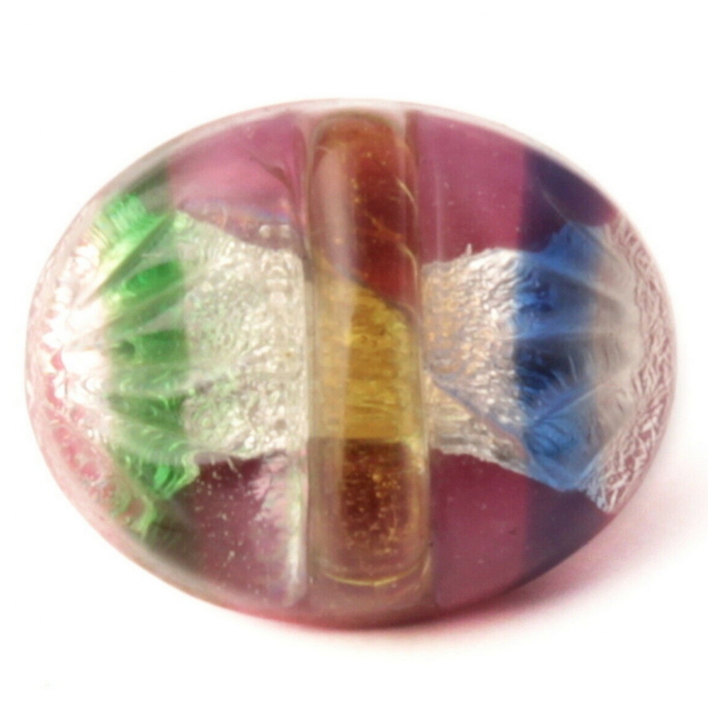 Antique Victorian Czech foiled rainbow striped dark pink oval glass button 12mm