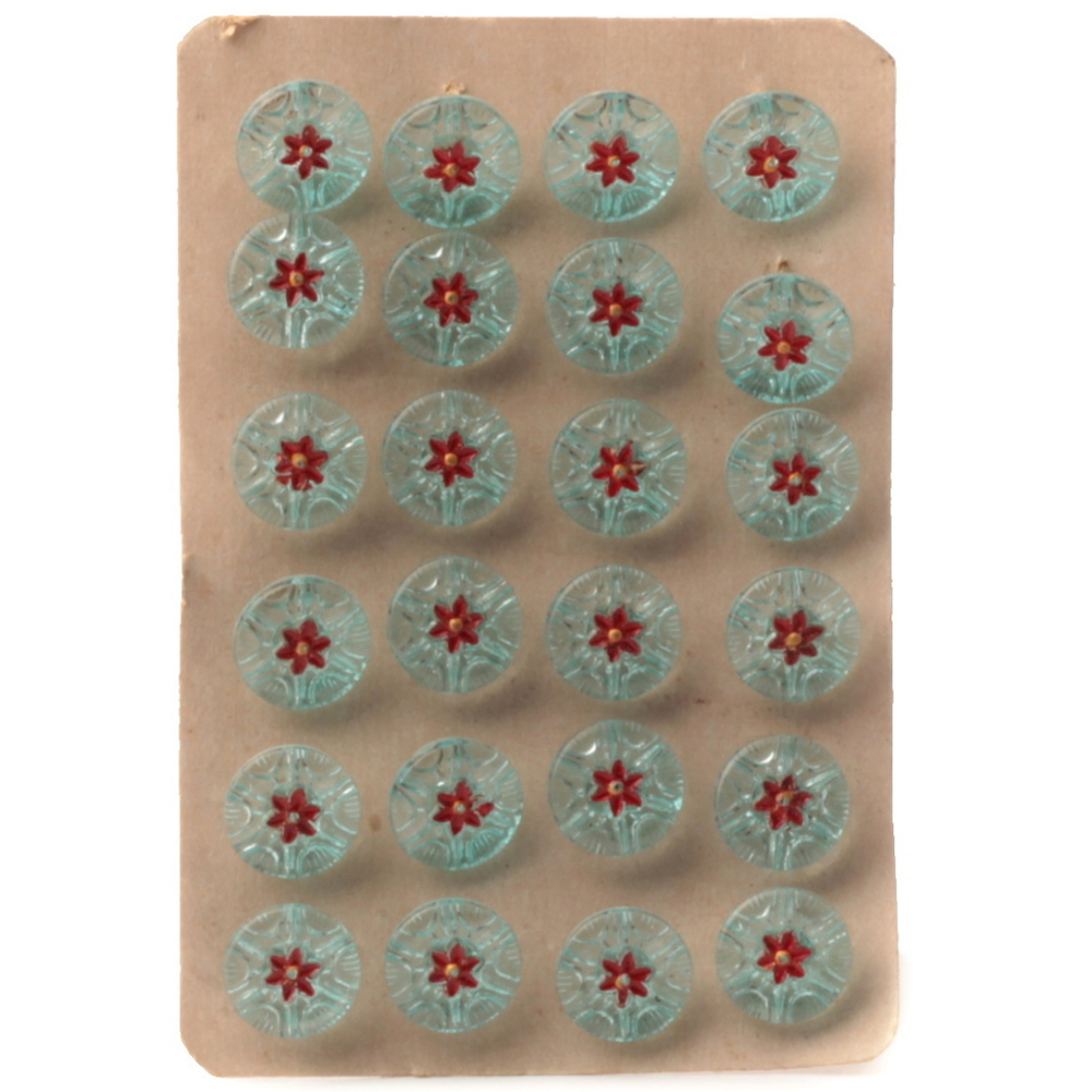 Czech vintage glass button Card (24) 13mm hand painted red flower turqoise buttons