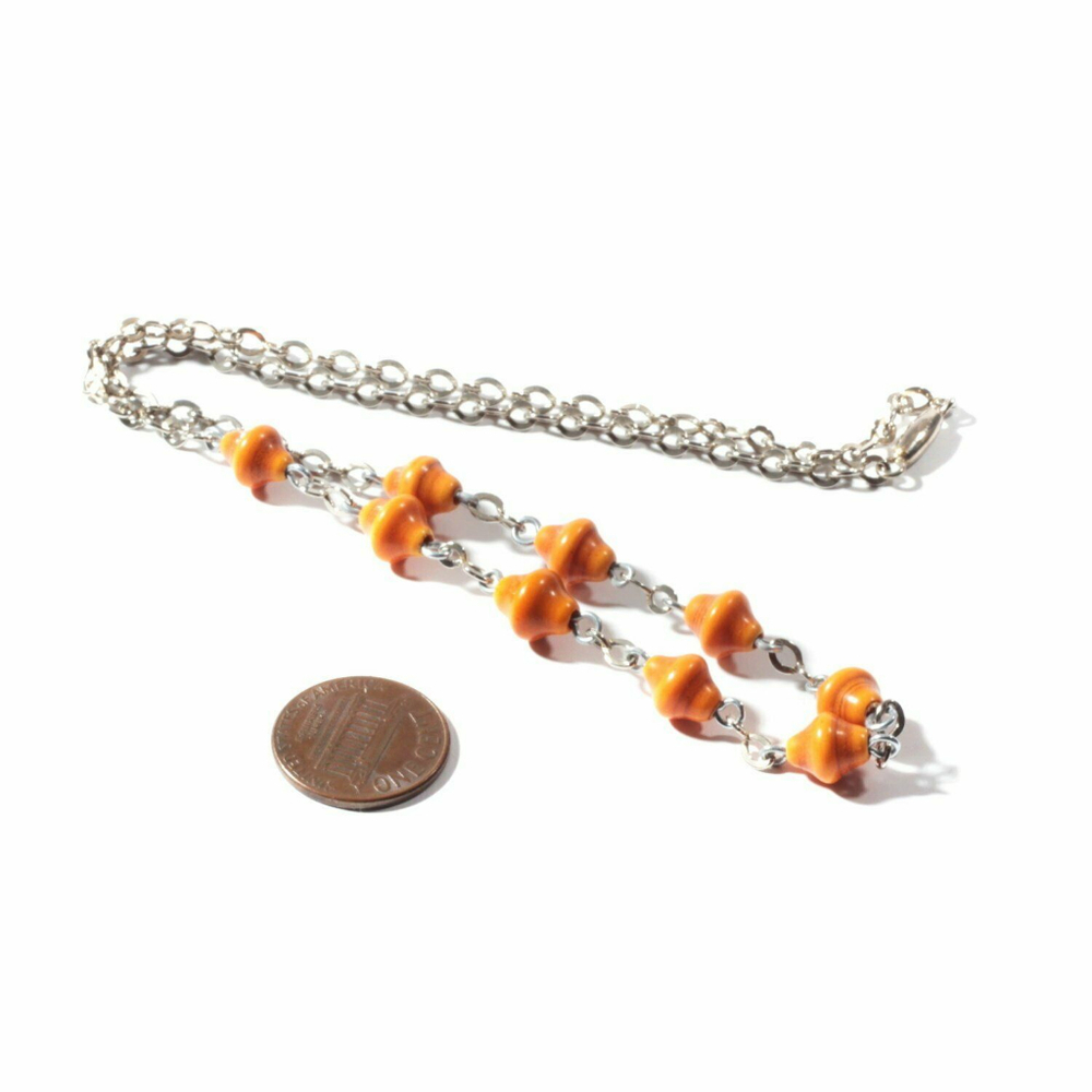 Vintage Bauhaus Art Deco chrome chain necklace galalith orange beads