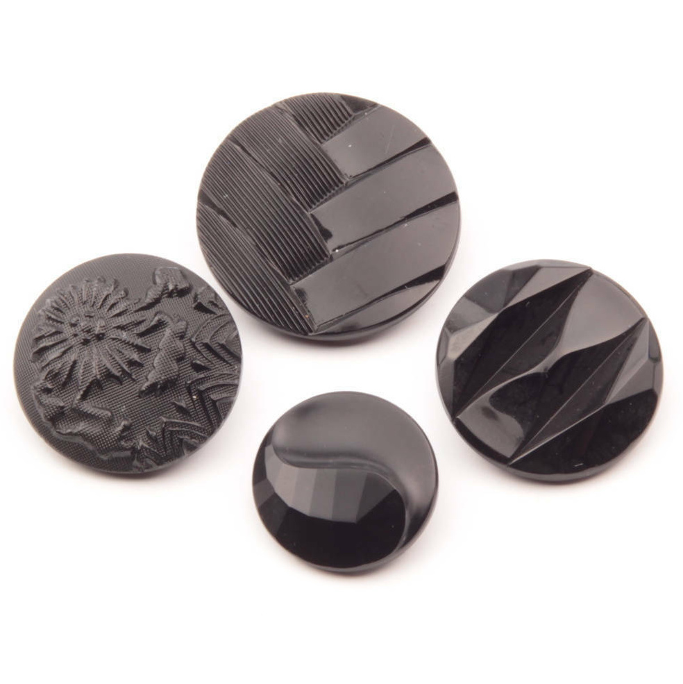 Czech Glass button lot (4) Art Deco 1920's geometric flower black buttons