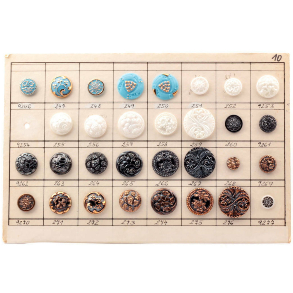 Vintage Czech glass button sample card 31 floral geometric lustre glass buttons