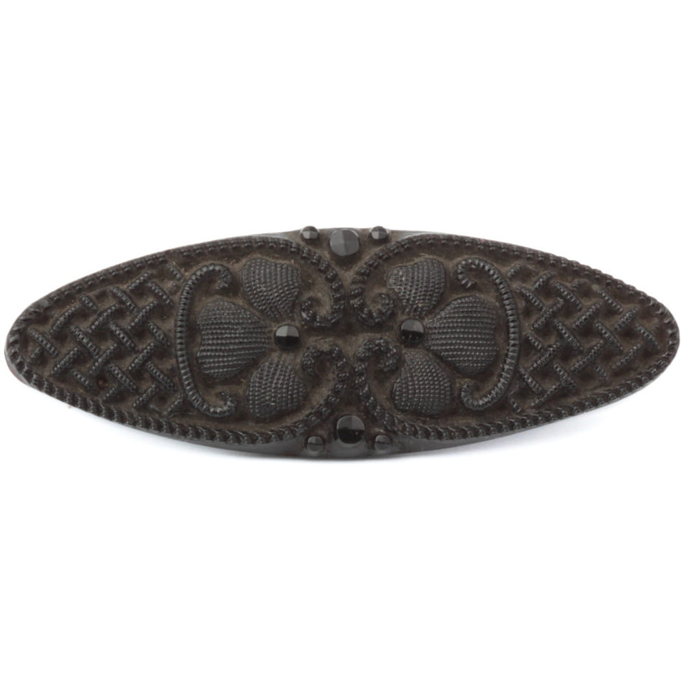 Antique Victorian Czech black glass button 3 leaf clover lacy floral oval 37mm