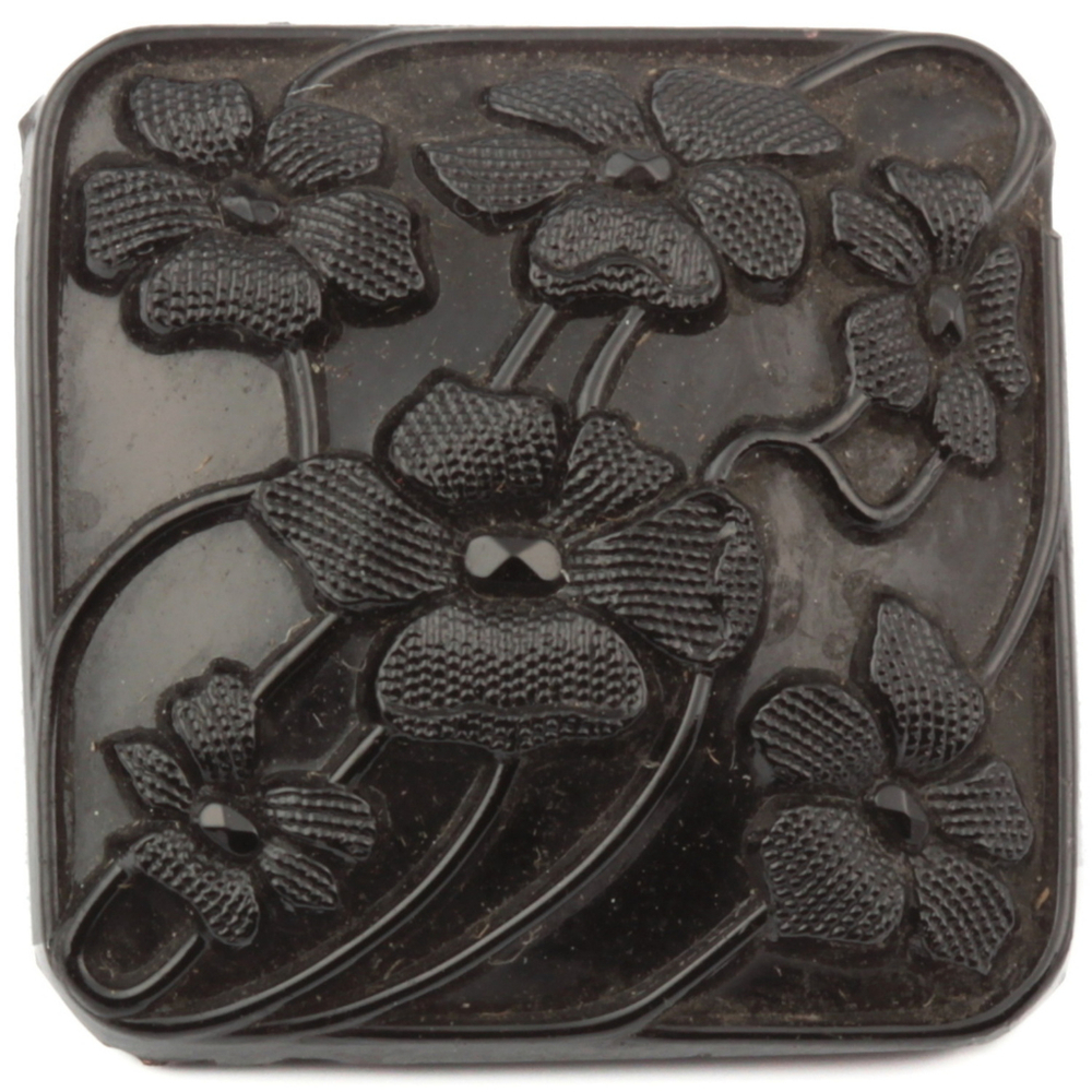 Antique Victorian Czech square black glass button lacy style flowers 18mm