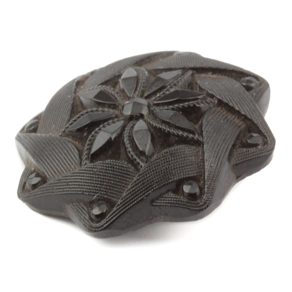 Antique Victorian imitation rhinestone lacy style octagon flower Czech black glass button 23mm