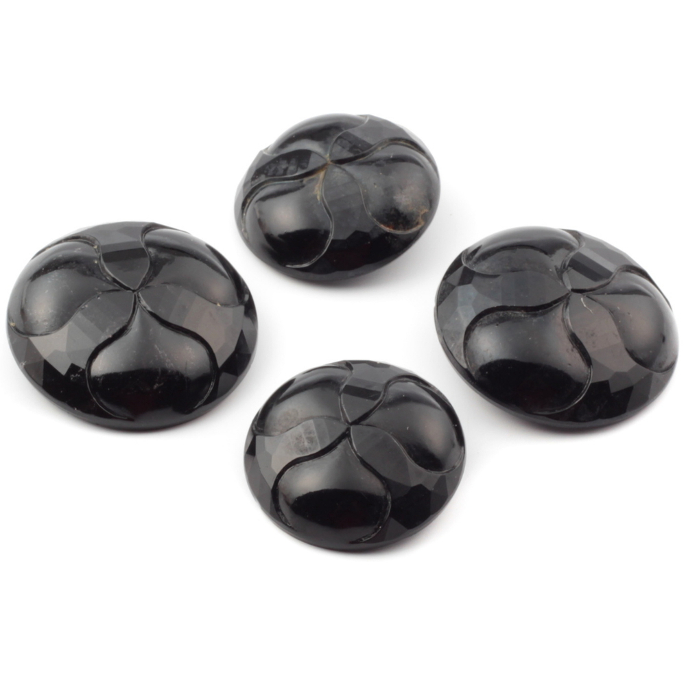 Lot (4) vintage Czech faceted trefoil Art Deco black glass buttons