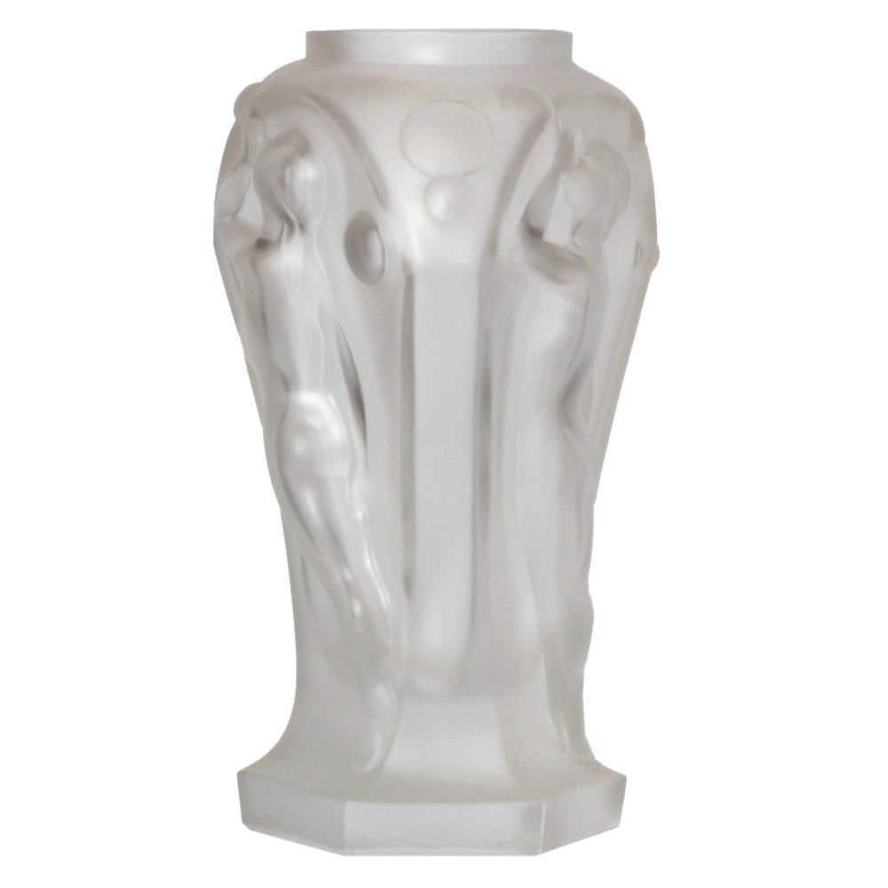 Original Art Deco frost crystal glass vase. Czech Schlevogt Hoffmann Water Nymph blowing bubbles"