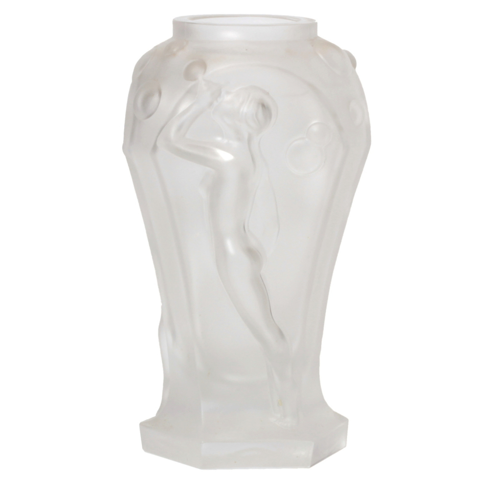 Original Art Deco frost crystal glass vase. Czech Schlevogt Hoffmann Water Nymph blowing bubbles"