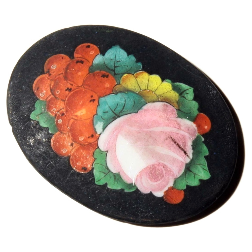 Vintage Czech hand painted floral oval glass cabochon 43mm 