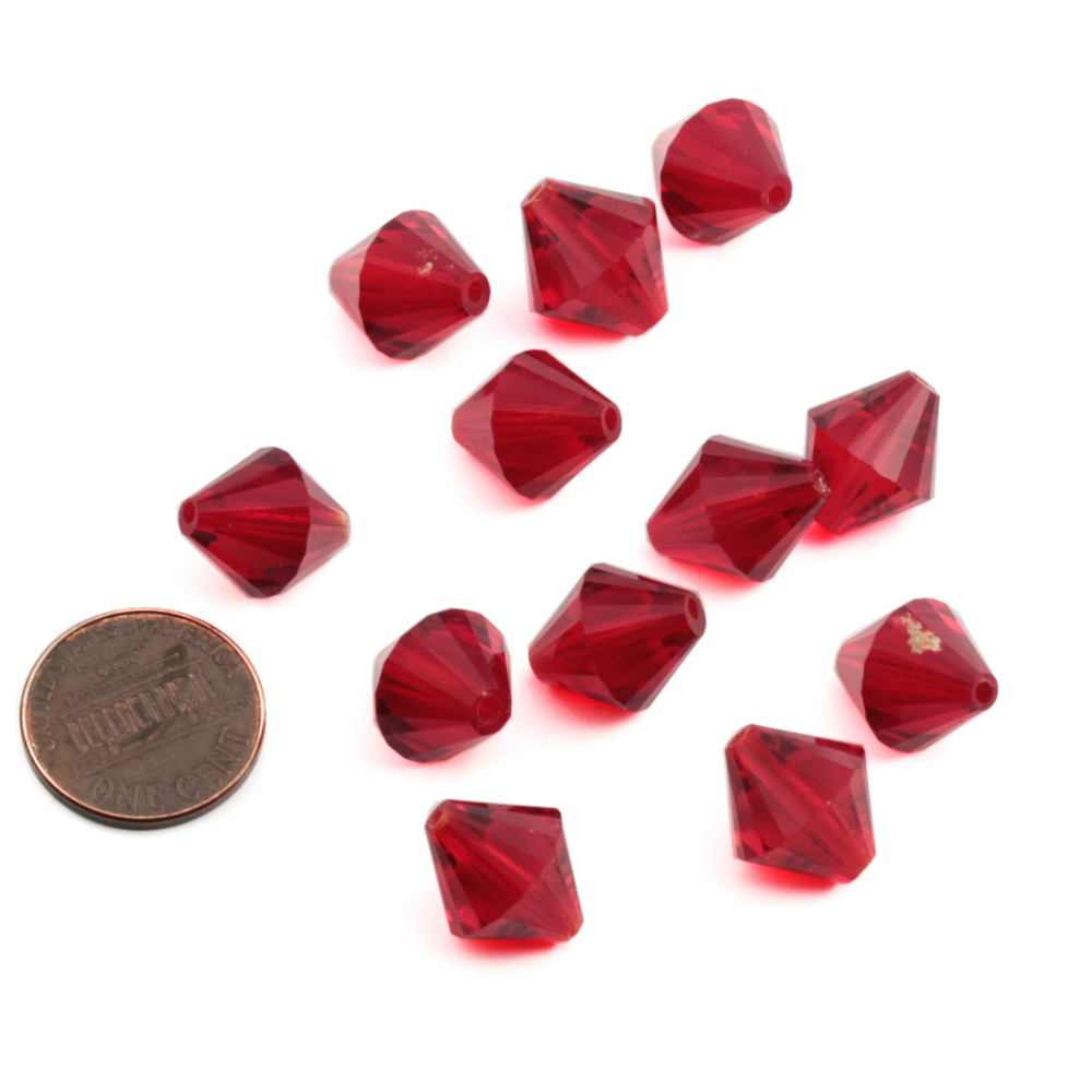 Lot (12) Austrian D.S vintage ruby red bicone faceted glass beads 14mm