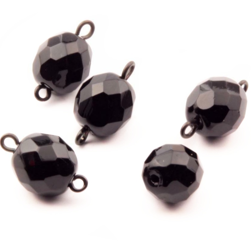 5 Czech vintage jet gloss black oval faceted connector glass beads 10mm