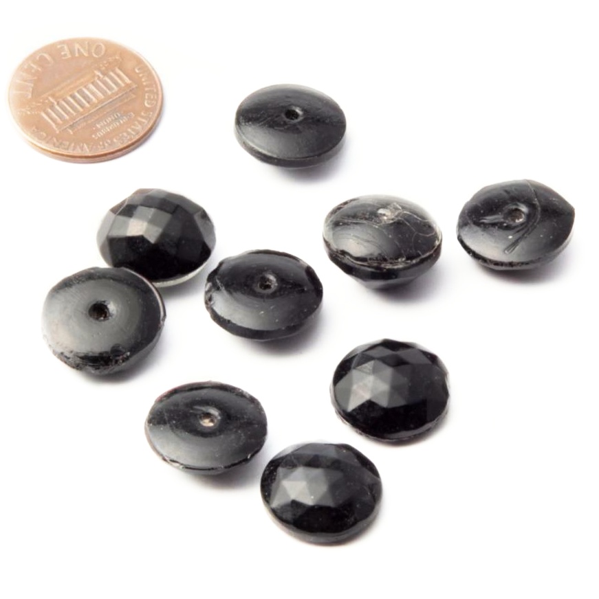 9 Czech Art Deco vintage black round faceted headpin glass beads button elements 14mm