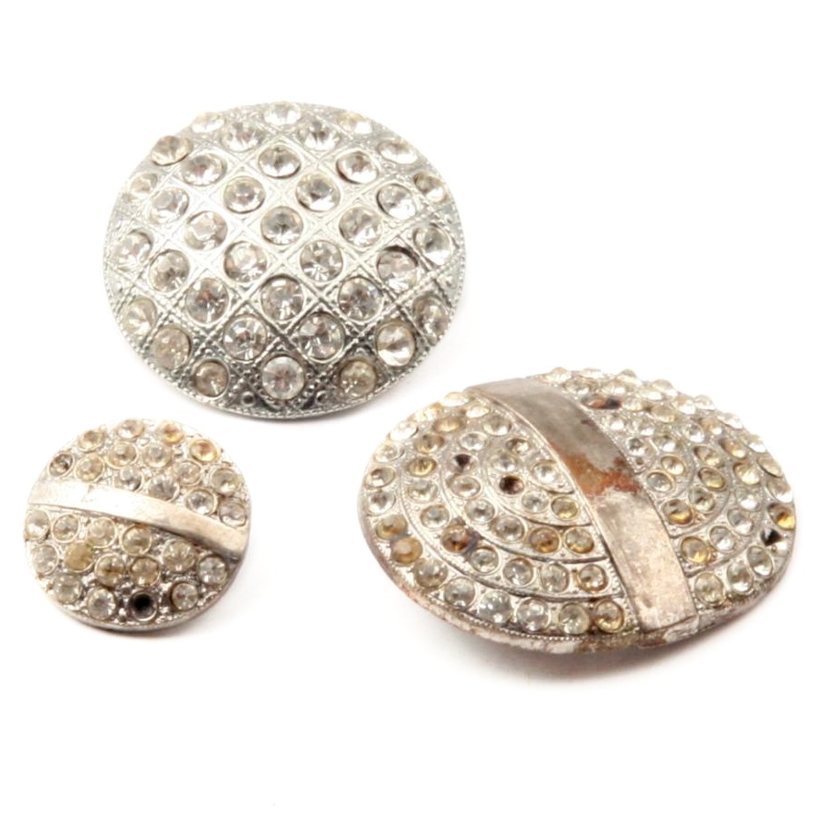 3 vintage Czech silver plated metal crystal glass rhinestone buttons