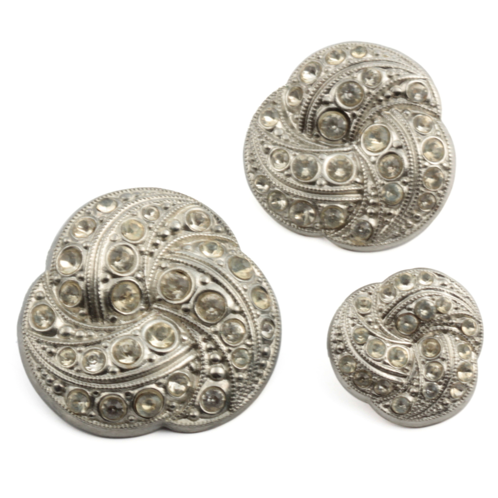 Set 3 vintage Czech Art Nouveau style trefoil knot silver metal crystal glass rhinestone buttons