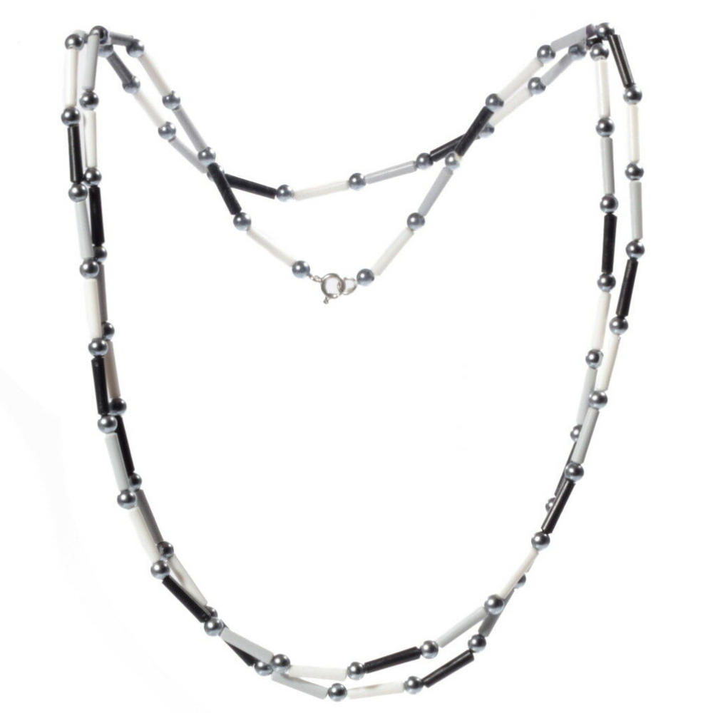 Vintage 44" necklace Czech grey white black plastic bugle metallic glass beads