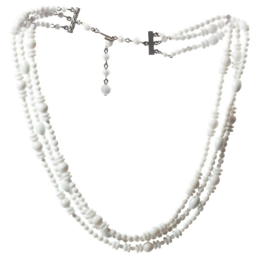Vintage 3 strand choker necklace Czech white glass beads