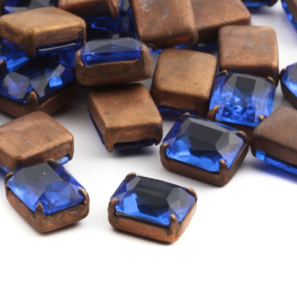 60 Czech vintage rectangle prong set sapphire blue glass rhinestones 10x8mm