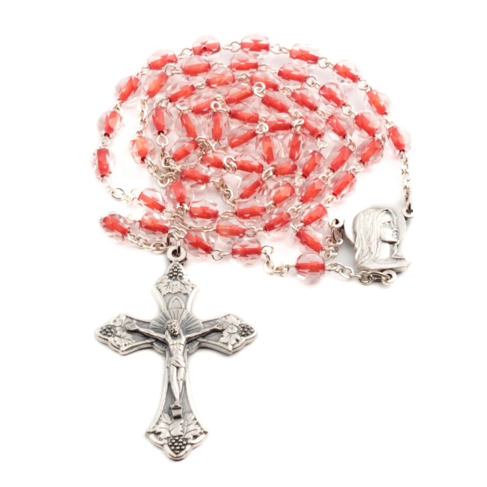 Handmade 5 decade rosary orange lined glass beads and Italian crucifix 