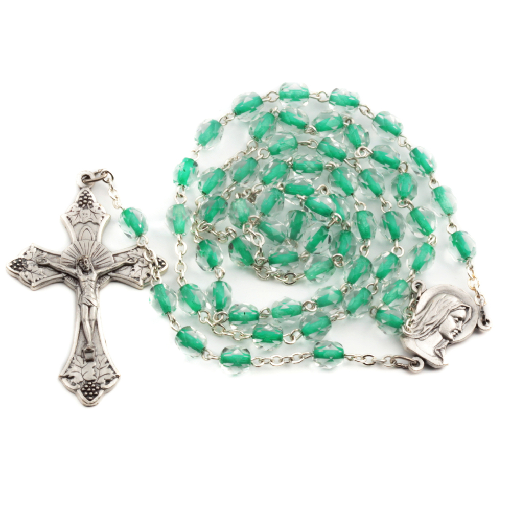 Handmade 5 decade rosary with green lined glass beads and Italian crucifix 