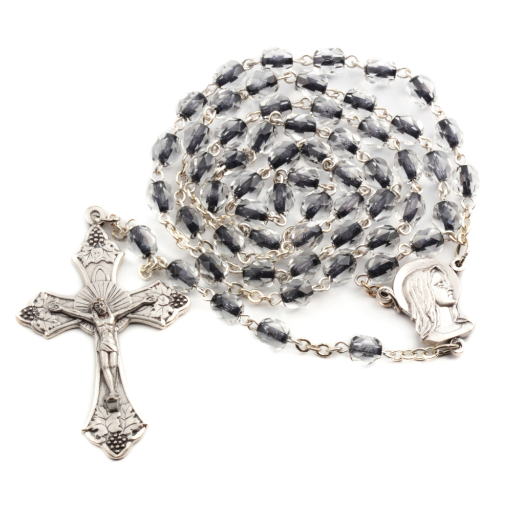 Handmade 5 decade rosary with Austrian D.S black lined crystal glass beads and Italian crucifix 