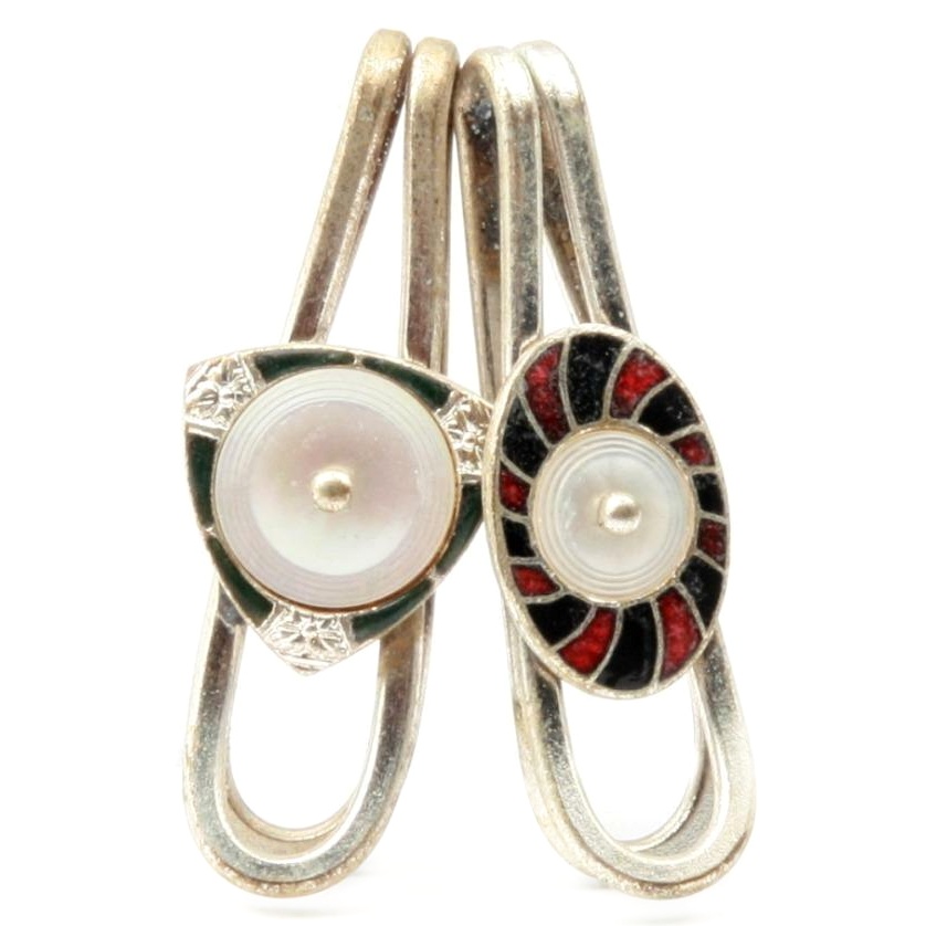 2 Vintage Czech Deco enamel and mother of pearl glass bead scarf shoe tie clip pins hair slides