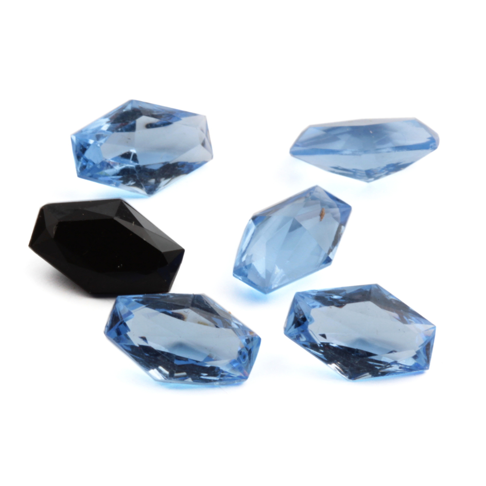 Lot (6) rare Czech vintage sapphire blue and black hexagon glass rhinestones 12x8mm