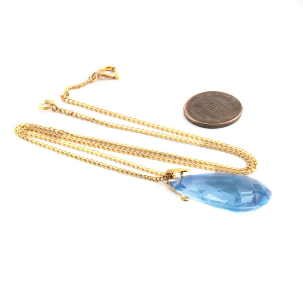 Vintage Czech gold chain necklace Sapphire blue teardrop glass pendant bead