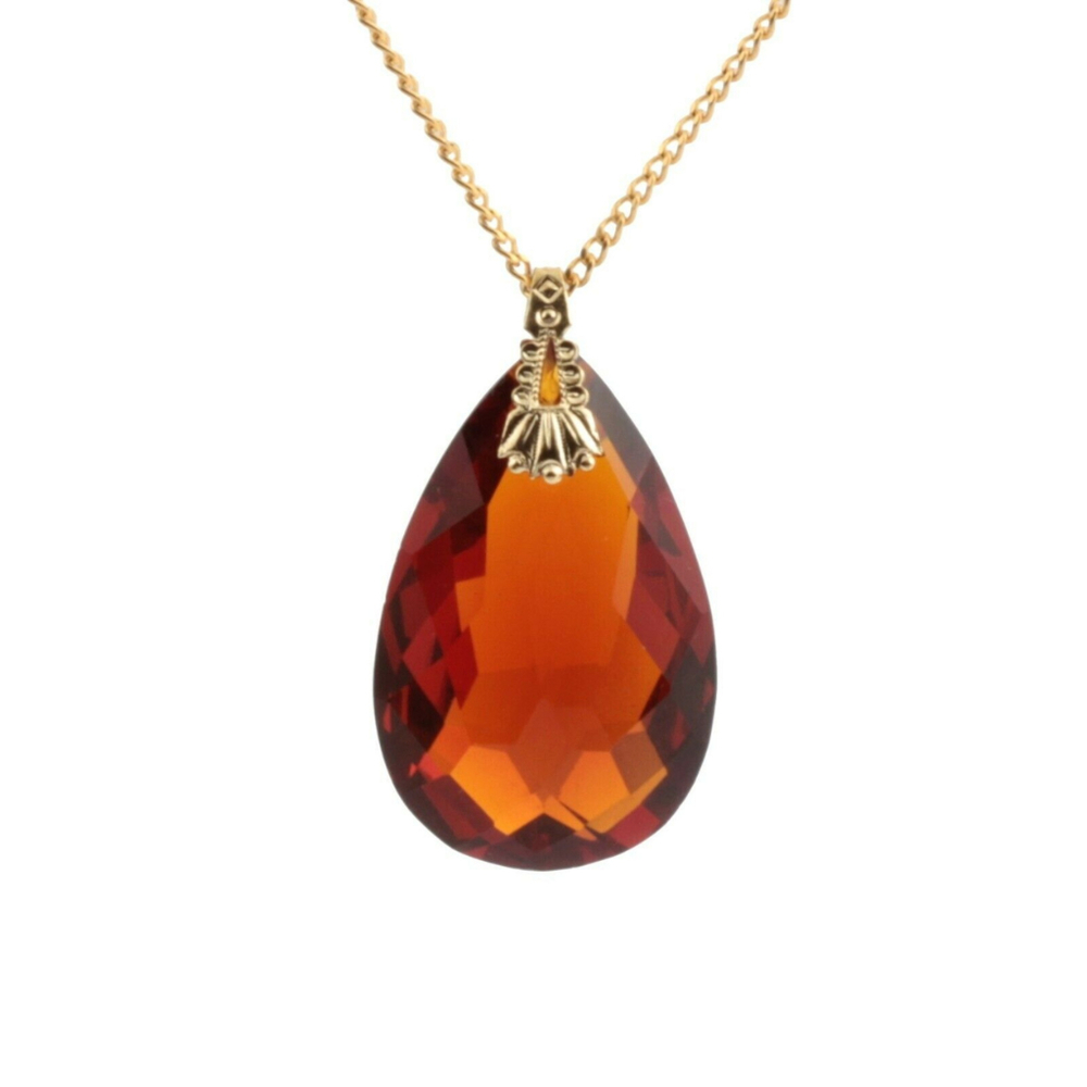 Vintage Czech gold chain neckace Amber Topaz teardrop faceted glass pendant bead