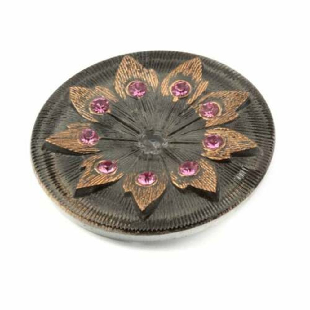 Large Czech reverse painted lacy style pink rhinestone floral glass button 38mm