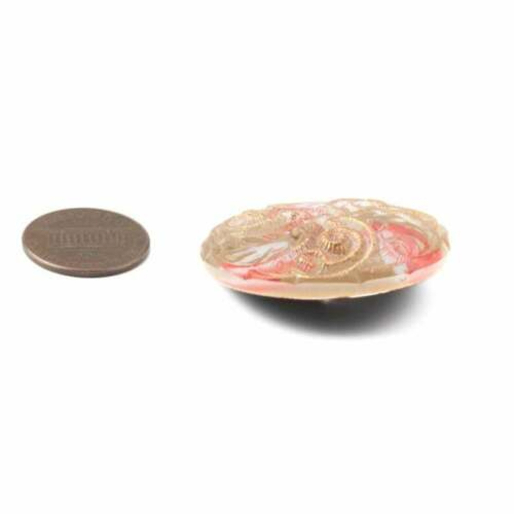 Large Czech floral lacy style glass button gold pink 38mm