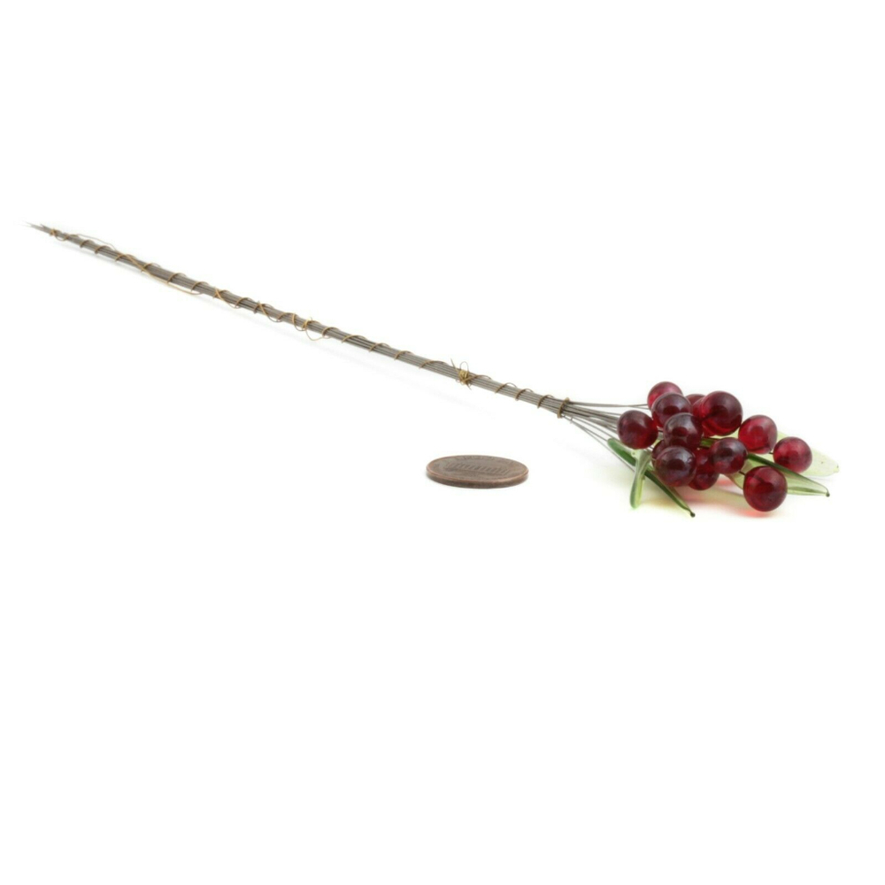 Lot (20) Czech lampwork glass red berry flower green leaf headpin stem beads