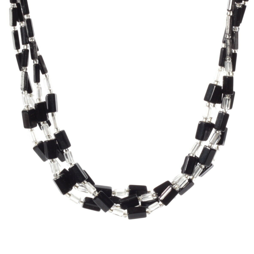Vintage 19" 4 strand necklace Czech black clear hematite pentagon glass beads
