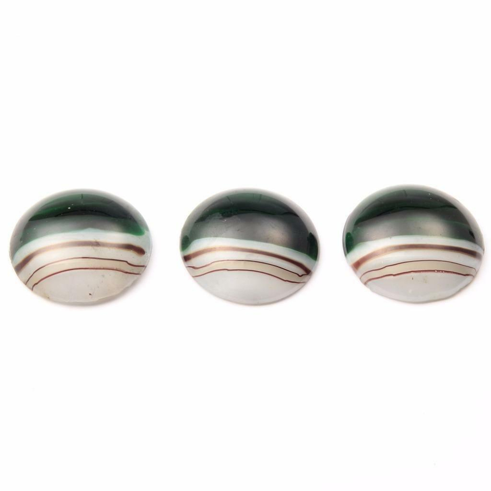 Lot (3) large 30mm Czech vintage green satin striped moonglow glass cabochons