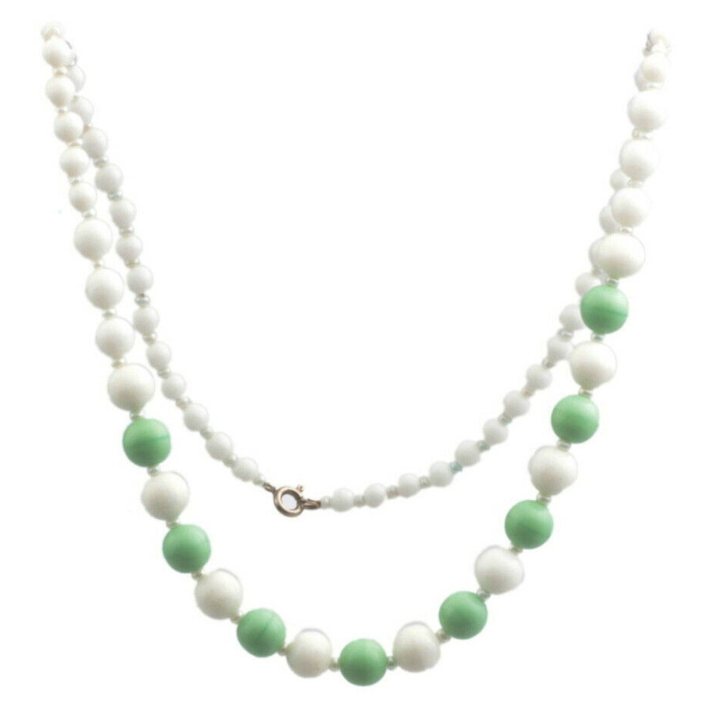 Vintage Czech necklace white pastel green pearl seed glass beads