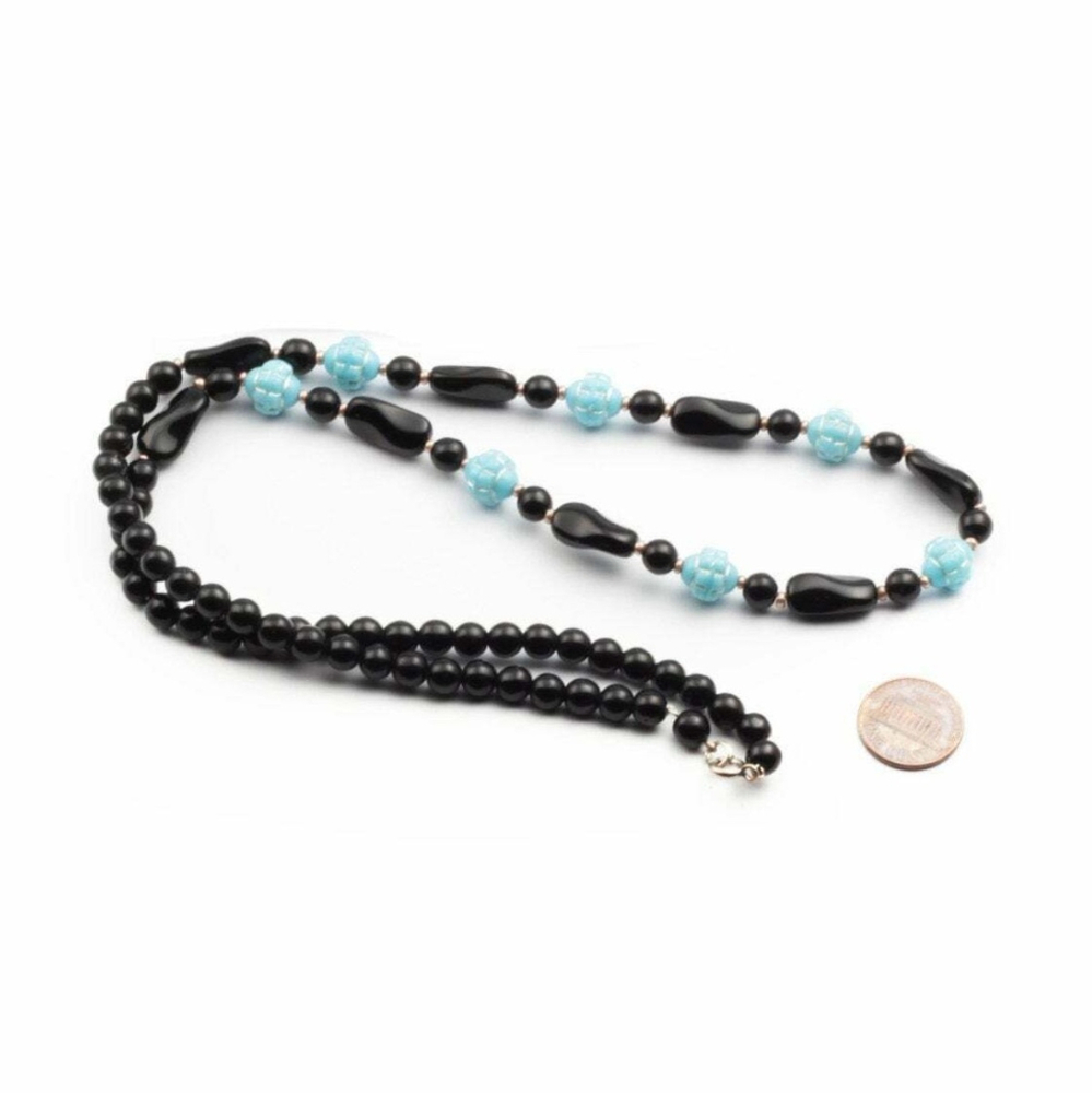 Vintage Czech necklace black lustre blue flower glass beads