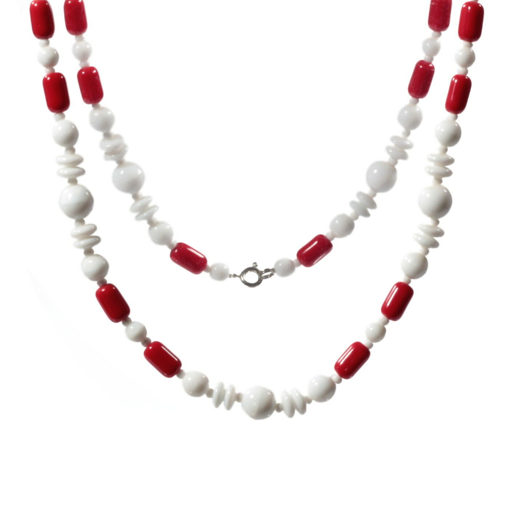 Vintage necklace Czech white round rondelle red cylinder glass beads