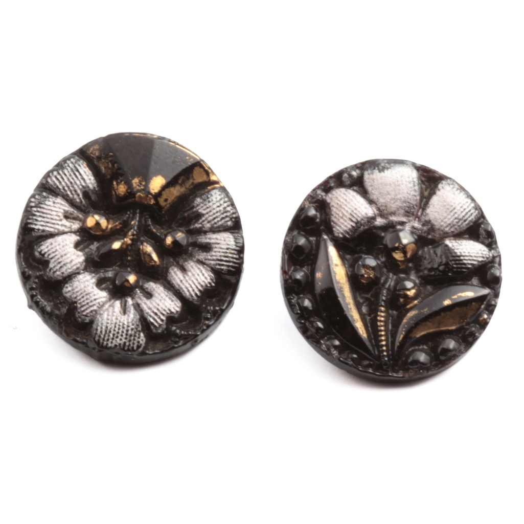 Lot (2) Antique 1800's Czech hand painted gold gilt black geometric floral glass buttons 13mm