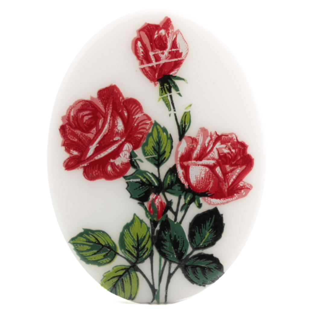 Vintage red rose flowers oval white cabochon 40x30mm Limoges style 