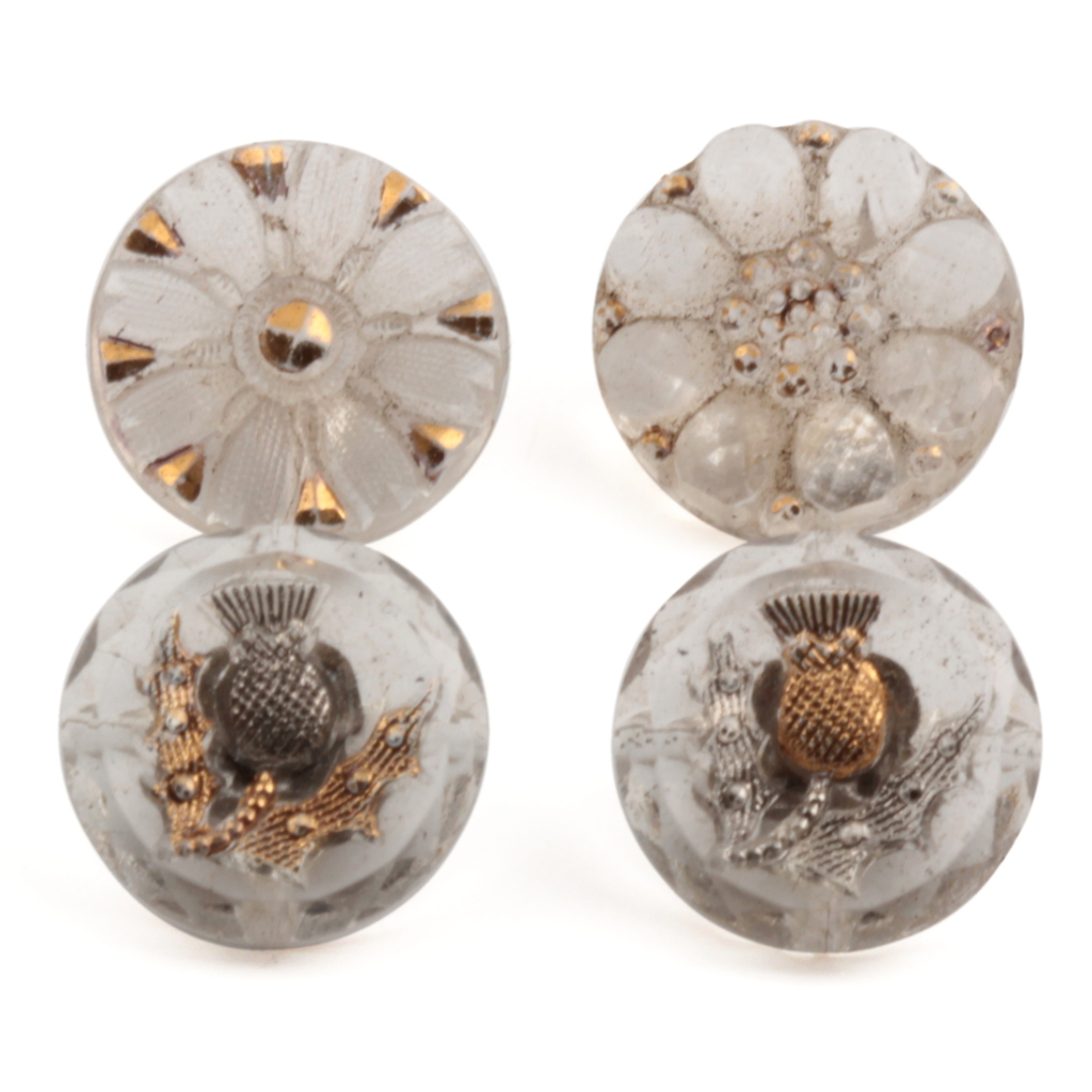 Lot (4) Antique 1800's Czech thistle and flower lacy clear dimi glass buttons 11mm