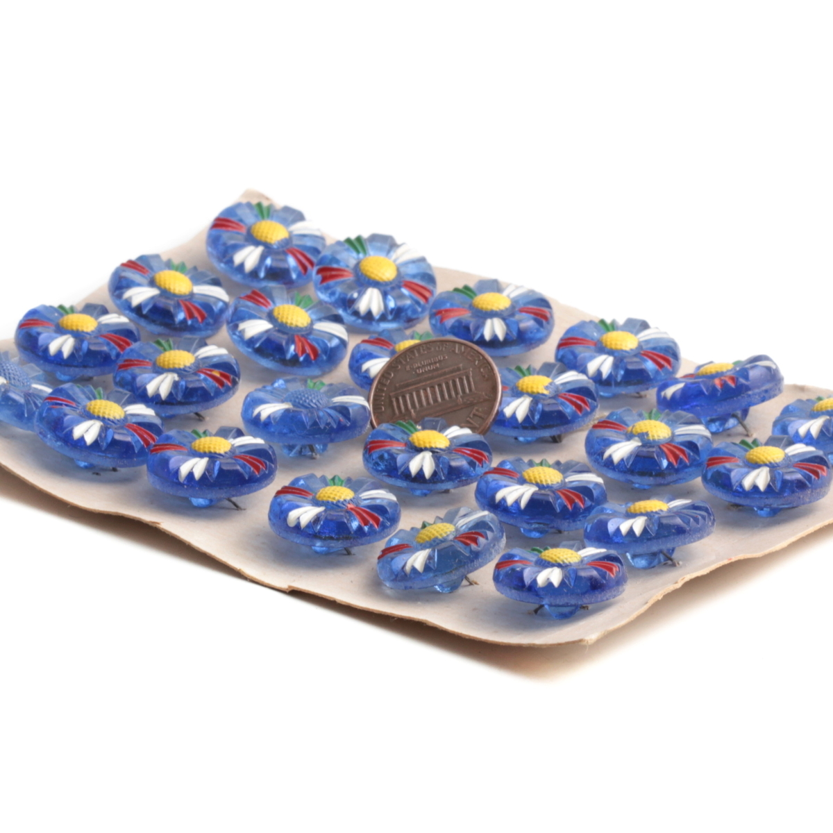 Card (24) antique Czech blue daisy flower glass buttons hand painted 18mm