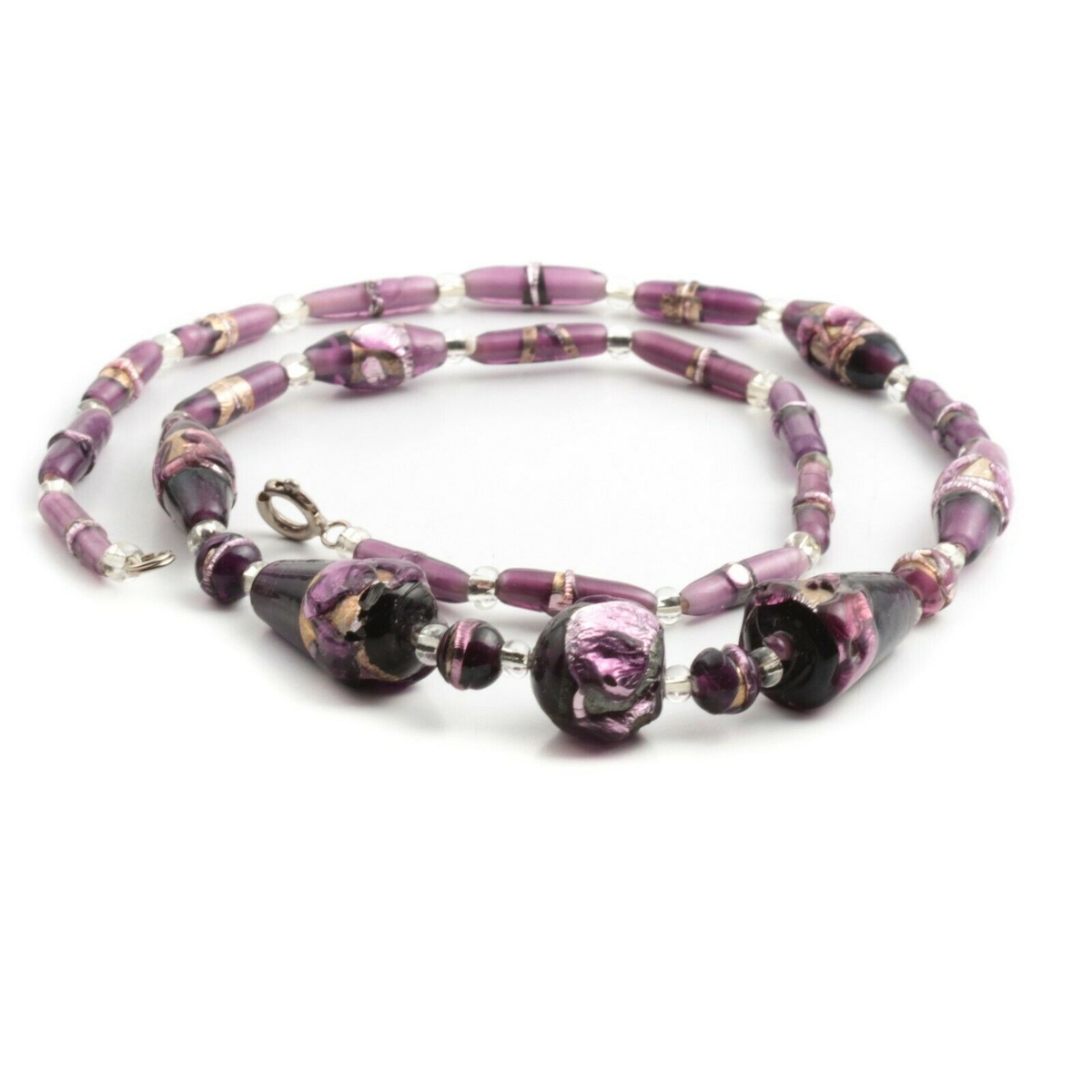 Vintage Czech necklace purple amethyst foil overlay handmade lampwork glass beads