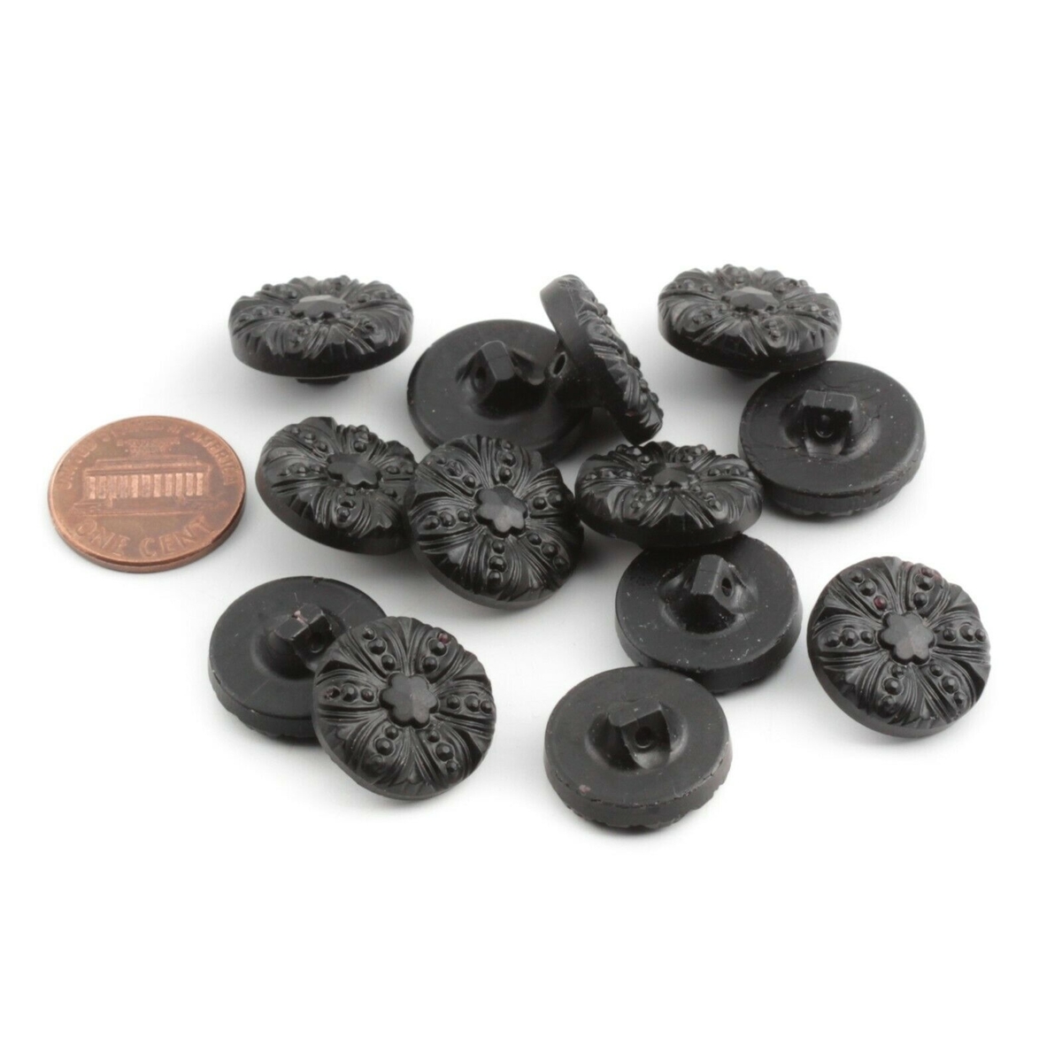 Czech vintage Deco floral black glass buttons 18mm 12 Lot 