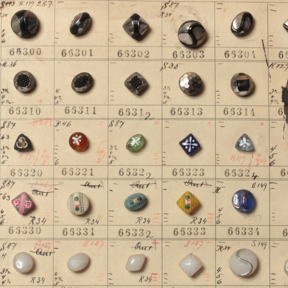 1916 Sample card (149) Czech antique glass buttons lampwork gilt lustre